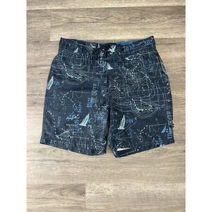 Nautica Men's Black Blue Nautical Map Sailboat Print Swim Trunks Board Shorts M